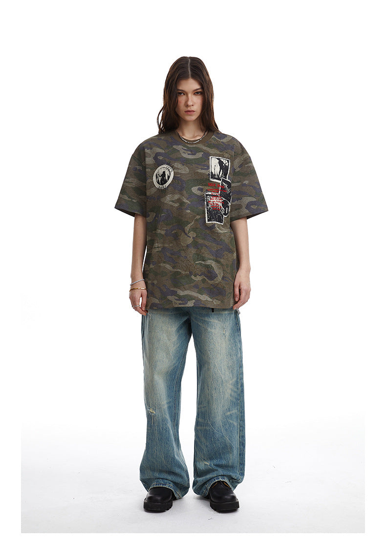 Retro Camouflage Patch Embroidered T-Shirt