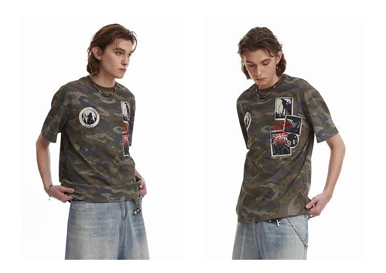 Retro Camouflage Patch Embroidered T-Shirt