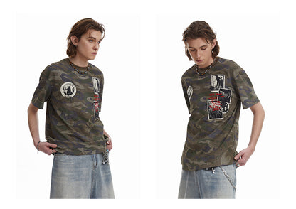 Retro Camouflage Patch Embroidered T-Shirt