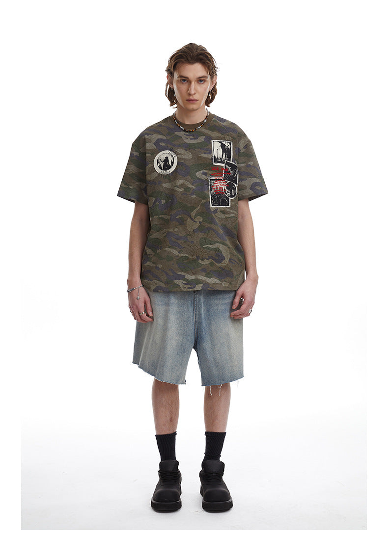 Retro Camouflage Patch Embroidered T-Shirt
