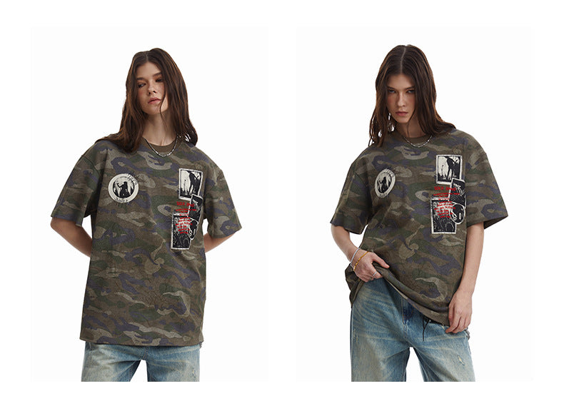 Retro Camouflage Patch Embroidered T-Shirt
