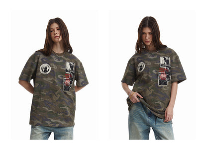 Retro Camouflage Patch Embroidered T-Shirt
