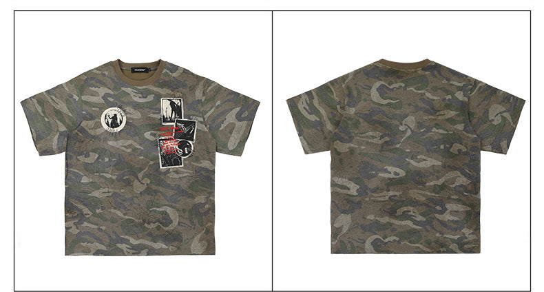 Retro Camouflage Patch Embroidered T-Shirt