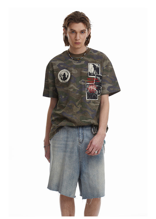 Retro Camouflage Patch Embroidered T-Shirt