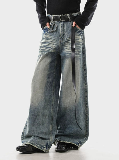 Vintage Blue Whiskered Denim Loose Fit Jeans