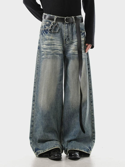 Vintage Blue Whiskered Denim Loose Fit Jeans
