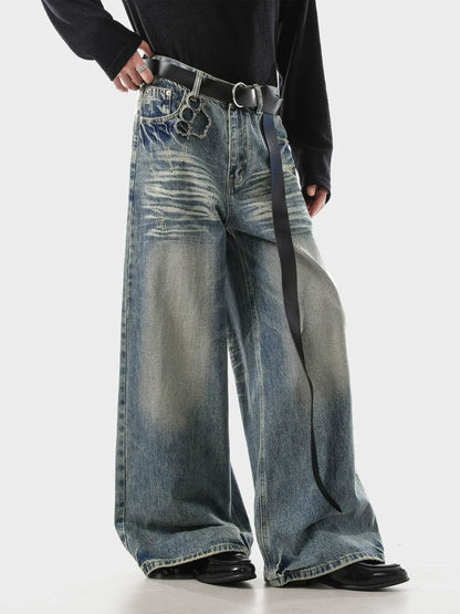 Vintage Blue Whiskered Denim Loose Fit Jeans