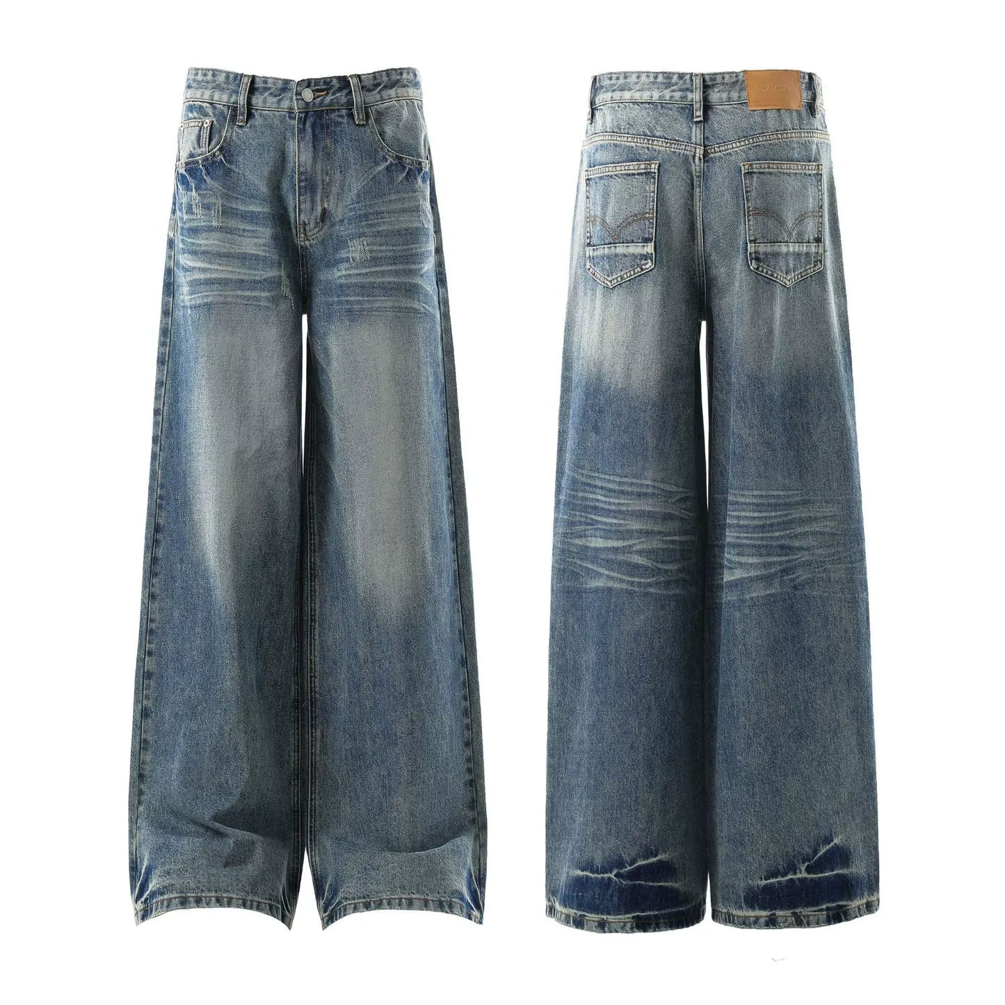 Vintage Blue Whiskered Denim Loose Fit Jeans