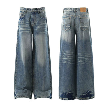 Vintage Blue Whiskered Denim Loose Fit Jeans