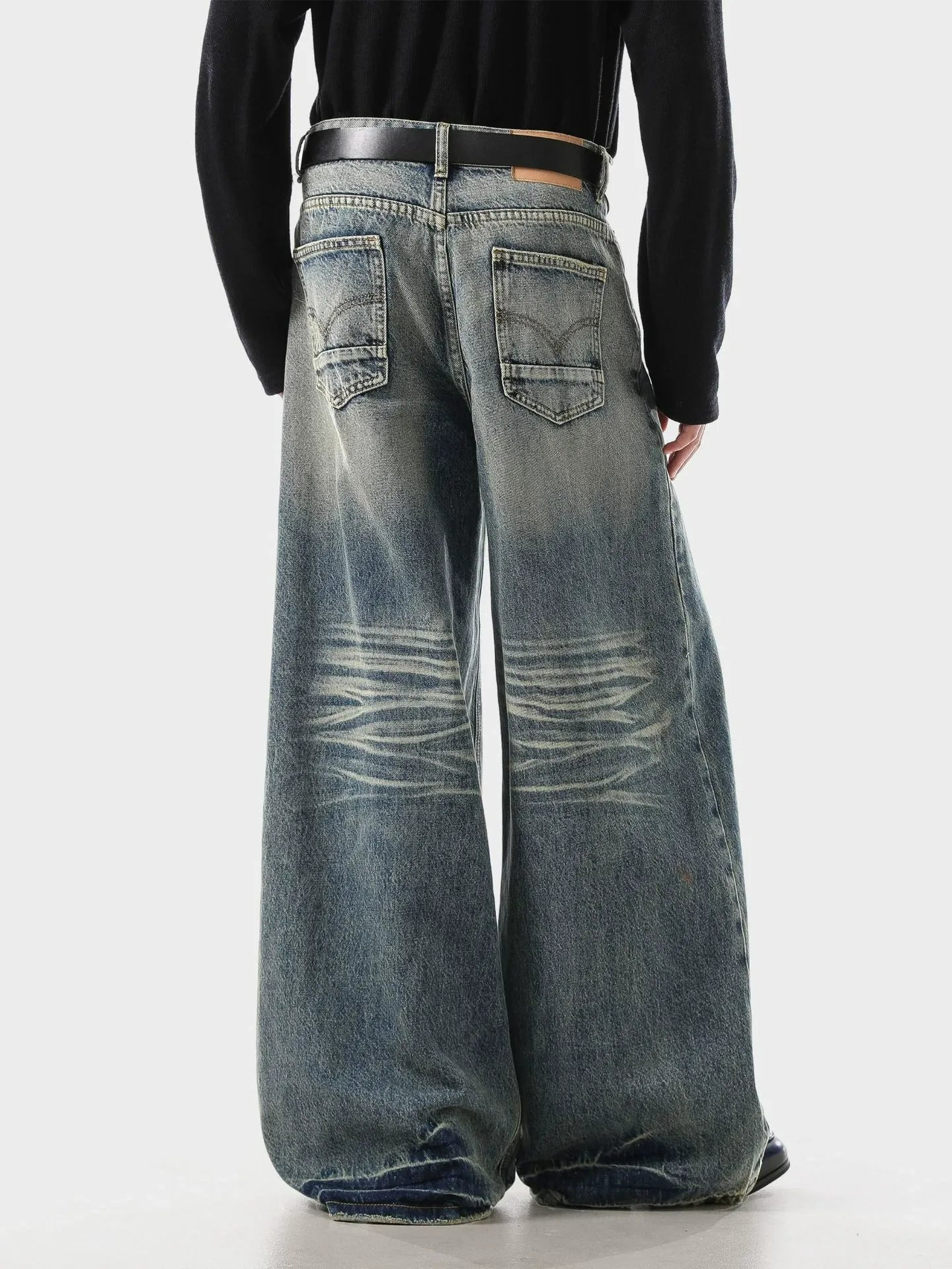 Vintage Blue Whiskered Denim Loose Fit Jeans
