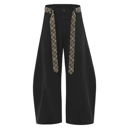 Vintage Flared Barrel Pants with Plaid Tie Detail