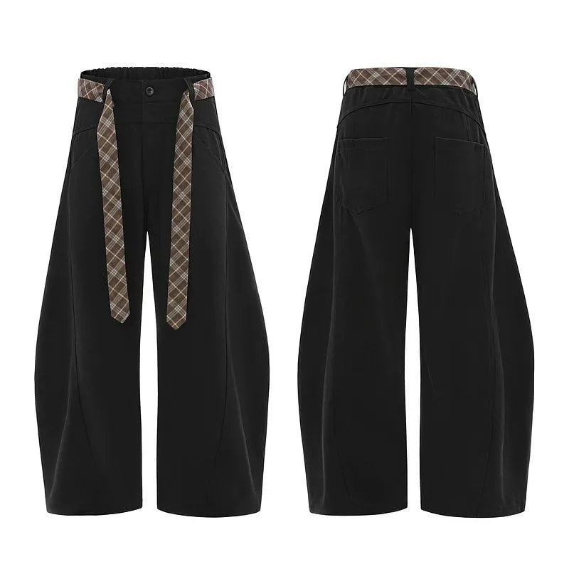Vintage Flared Barrel Pants with Plaid Tie Detail