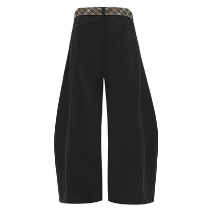 Vintage Flared Barrel Pants with Plaid Tie Detail