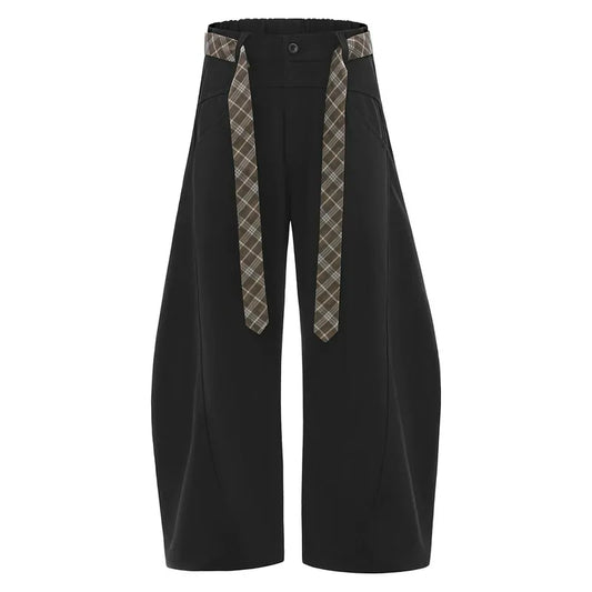 Vintage Flared Barrel Pants with Plaid Tie Detail