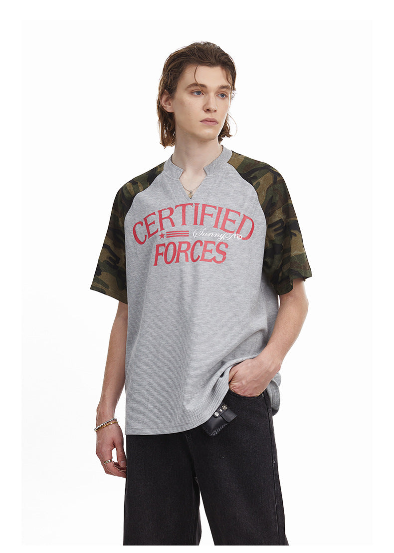 Vintage Splicing Raglan Camo Short Sleeves Waffle Knit Henley Tee