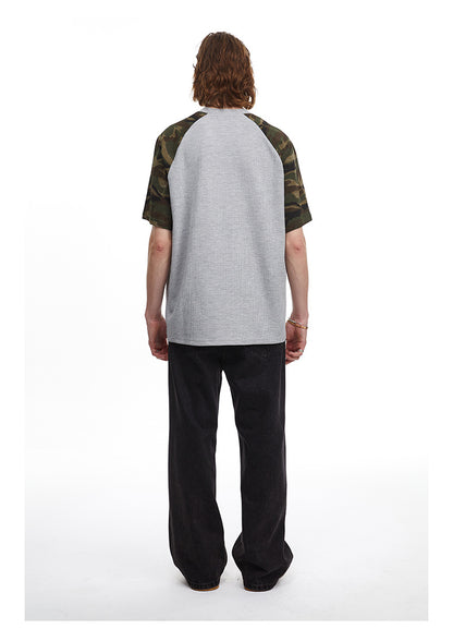 Vintage Splicing Raglan Camo Short Sleeves Waffle Knit Henley Tee