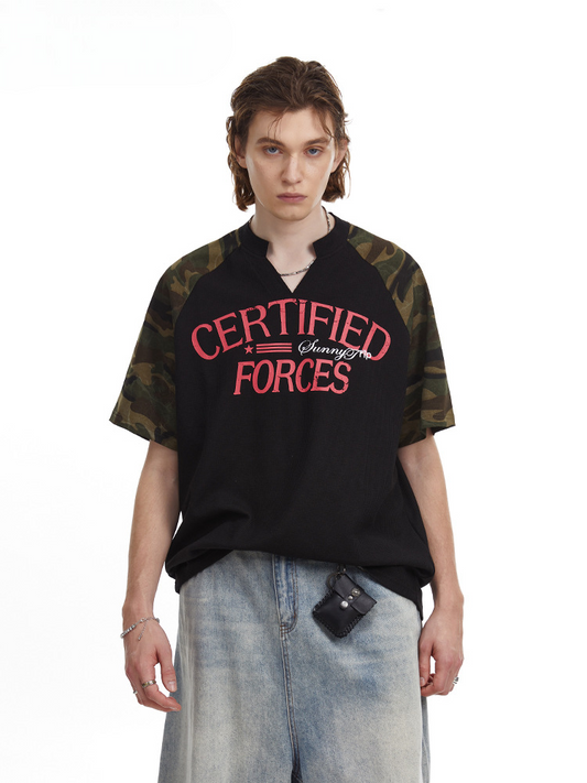 Vintage Splicing Raglan Camo Short Sleeves Waffle Knit Henley Tee