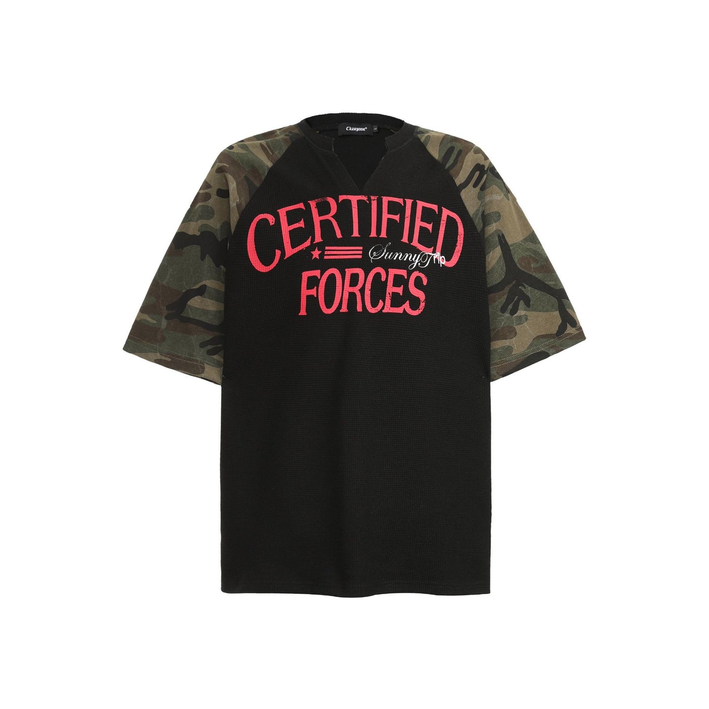Vintage Splicing Raglan Camo Short Sleeves Waffle Knit Henley Tee