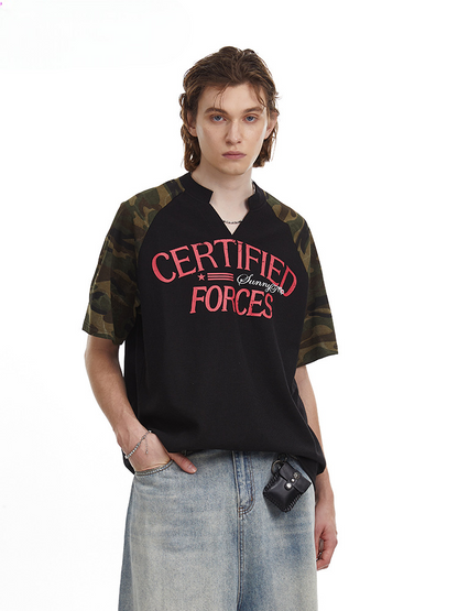 Vintage Splicing Raglan Camo Short Sleeves Waffle Knit Henley Tee