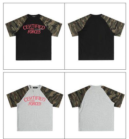 Vintage Splicing Raglan Camo Short Sleeves Waffle Knit Henley Tee