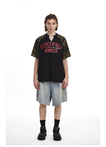 Vintage Splicing Raglan Camo Short Sleeves Waffle Knit Henley Tee