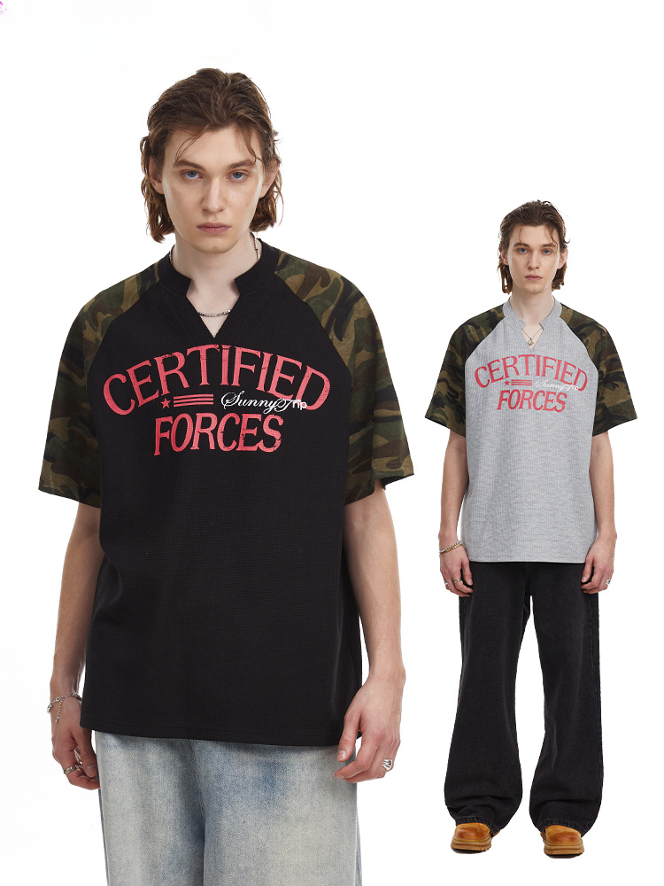 Vintage Splicing Raglan Camo Short Sleeves Waffle Knit Henley Tee