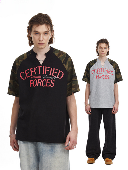 Vintage Splicing Raglan Camo Short Sleeves Waffle Knit Henley Tee