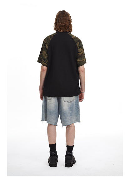 Vintage Splicing Raglan Camo Short Sleeves Waffle Knit Henley Tee