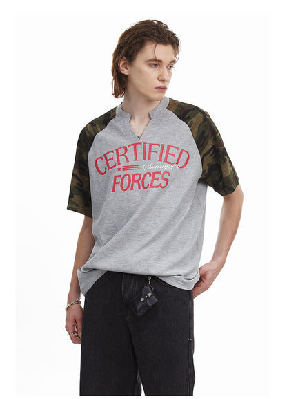 Vintage Splicing Raglan Camo Short Sleeves Waffle Knit Henley Tee