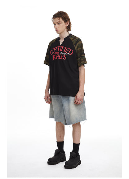 Vintage Splicing Raglan Camo Short Sleeves Waffle Knit Henley Tee