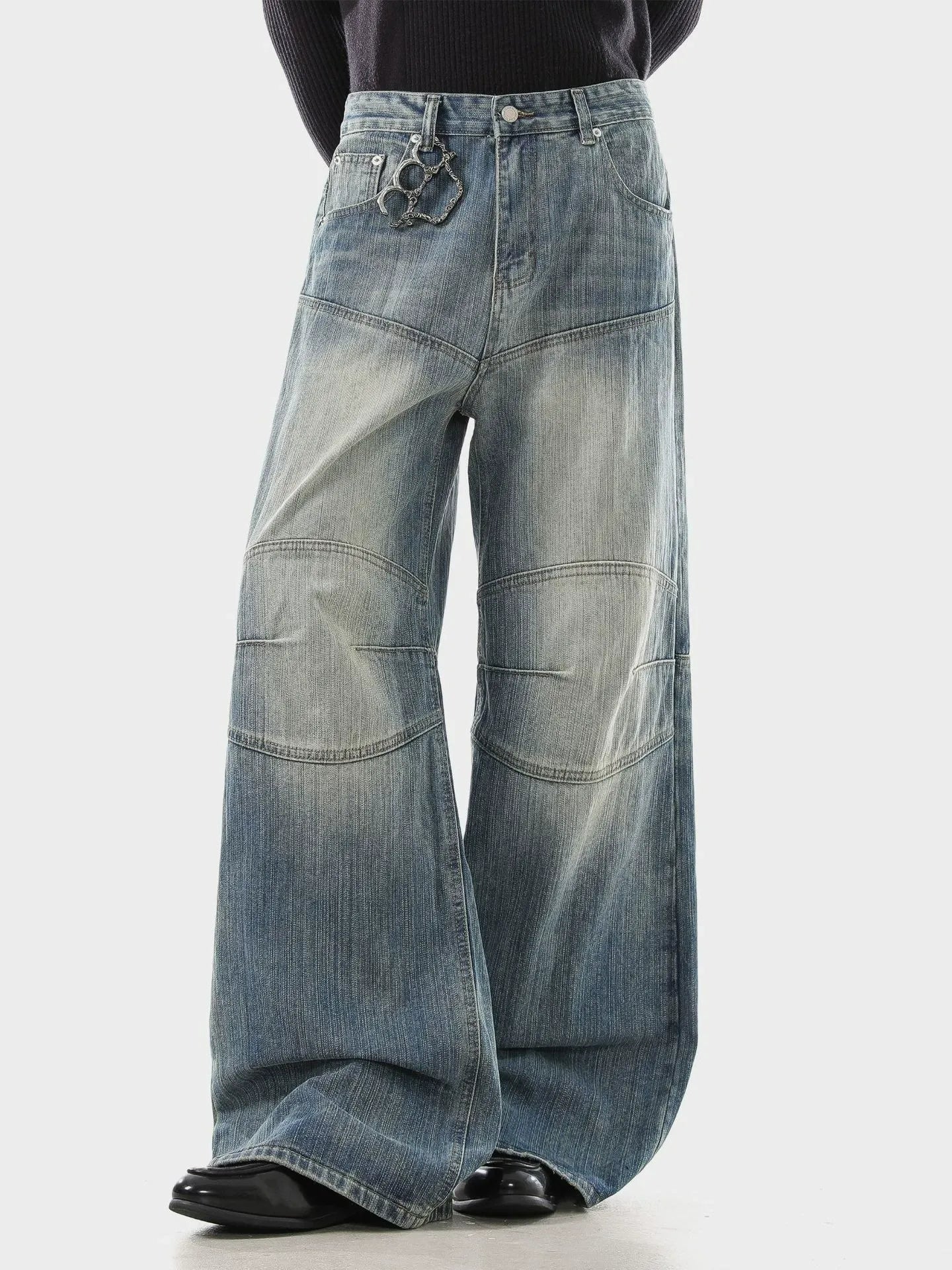 Vintage Wash Barrel Leg Jeans Panelled Knee