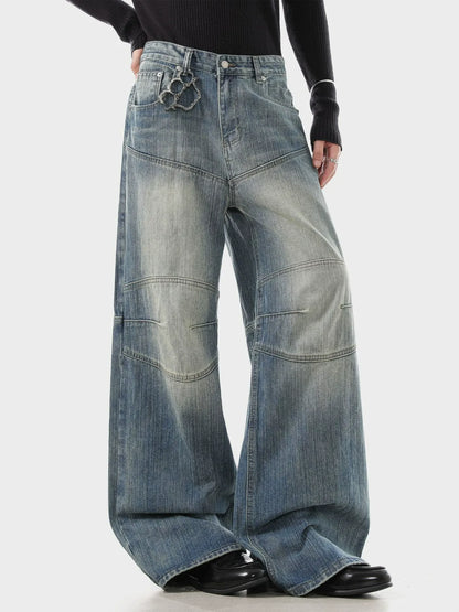Vintage Wash Barrel Leg Jeans Panelled Knee