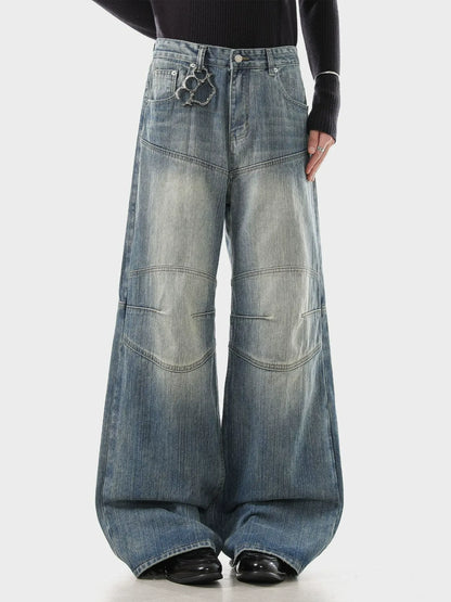 Vintage Wash Barrel Leg Jeans Panelled Knee