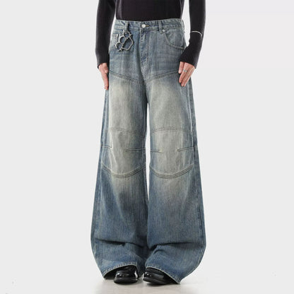 Vintage Wash Barrel Leg Jeans Panelled Knee