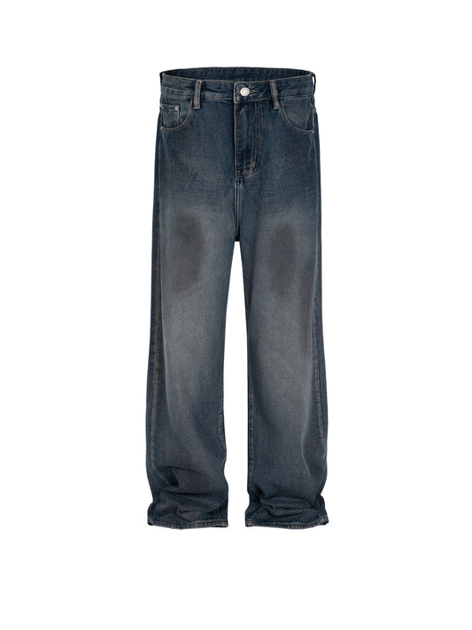 Vintage Wash Unisex Straight Jeans High Street Distressed Denim