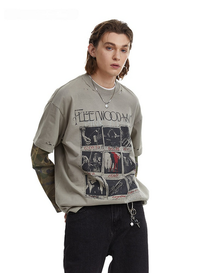 Vintage Camouflage Faux Two-piece Long Sleeve T-Shirt