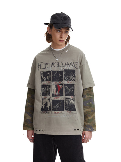 Vintage Camouflage Faux Two-piece Long Sleeve T-Shirt
