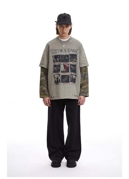 Vintage Camouflage Faux Two-piece Long Sleeve T-Shirt