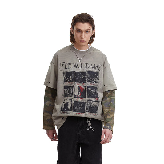 Vintage Camouflage Faux Two-piece Long Sleeve T-Shirt