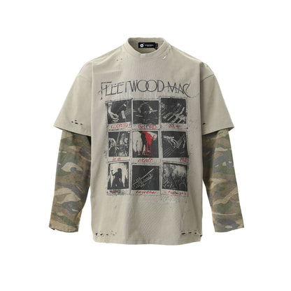 Vintage Camouflage Faux Two-piece Long Sleeve T-Shirt