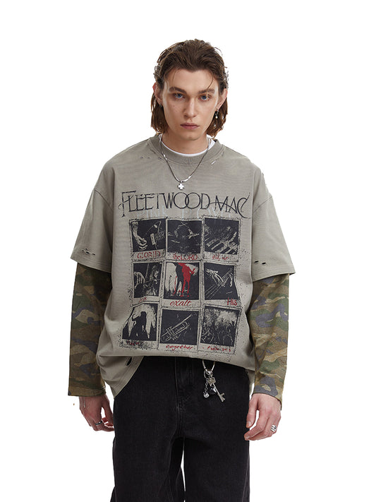 Vintage Camouflage Faux Two-piece Long Sleeve T-Shirt