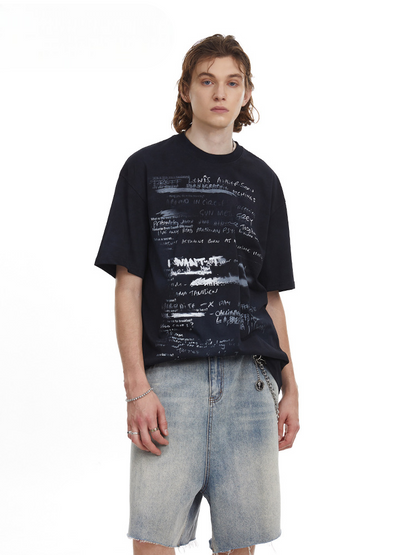 Vintage Hand Drawn Print Tee Streetwear Loose Fit Graphic T-shirt