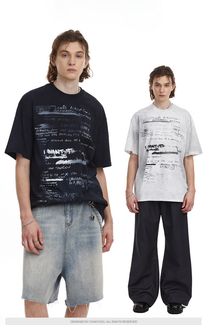 Vintage Hand Drawn Print Tee Streetwear Loose Fit Graphic T-shirt