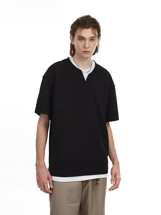 Vintage Textured Knit V-Neck T-shirt Faux Layered Tee