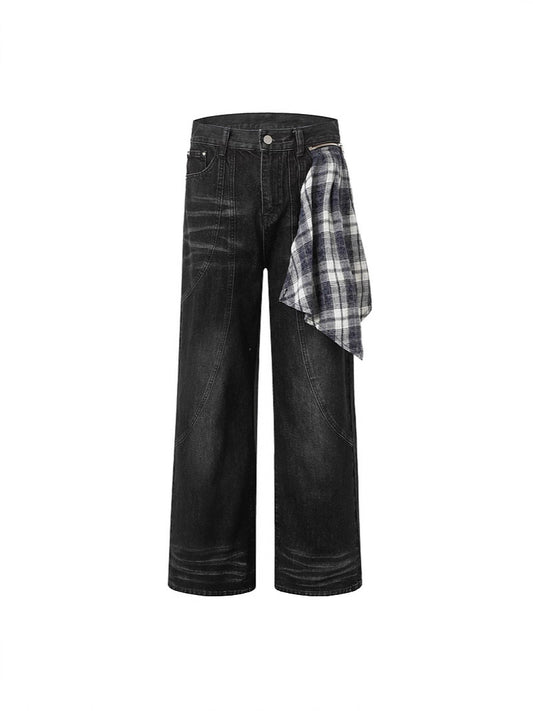 Washed Black Straight Jeans Plaid Detail