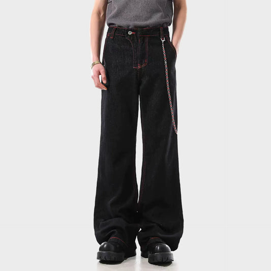 Wide Leg Raw Denim Jeans Red Contrast Detail