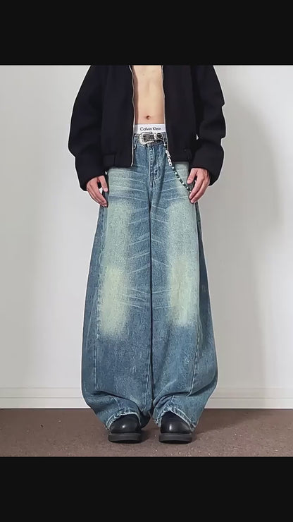Deconstructed Wide Leg Jeans Retro Wash Vibe
